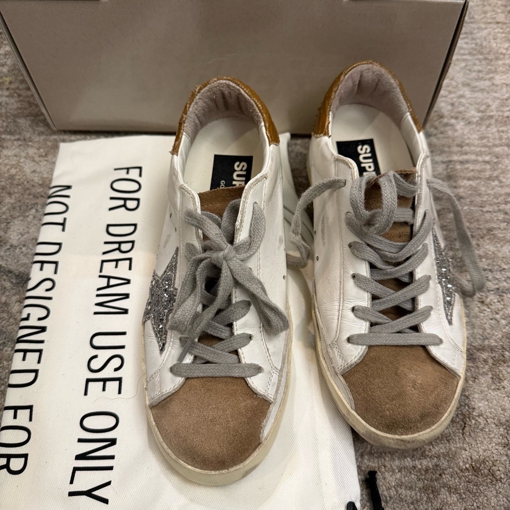 Golden Goose White and Brown Sneakers with Distressed Vintage Style